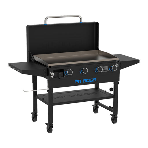 Black griddle with blue accents. Front viewn Silver handle.