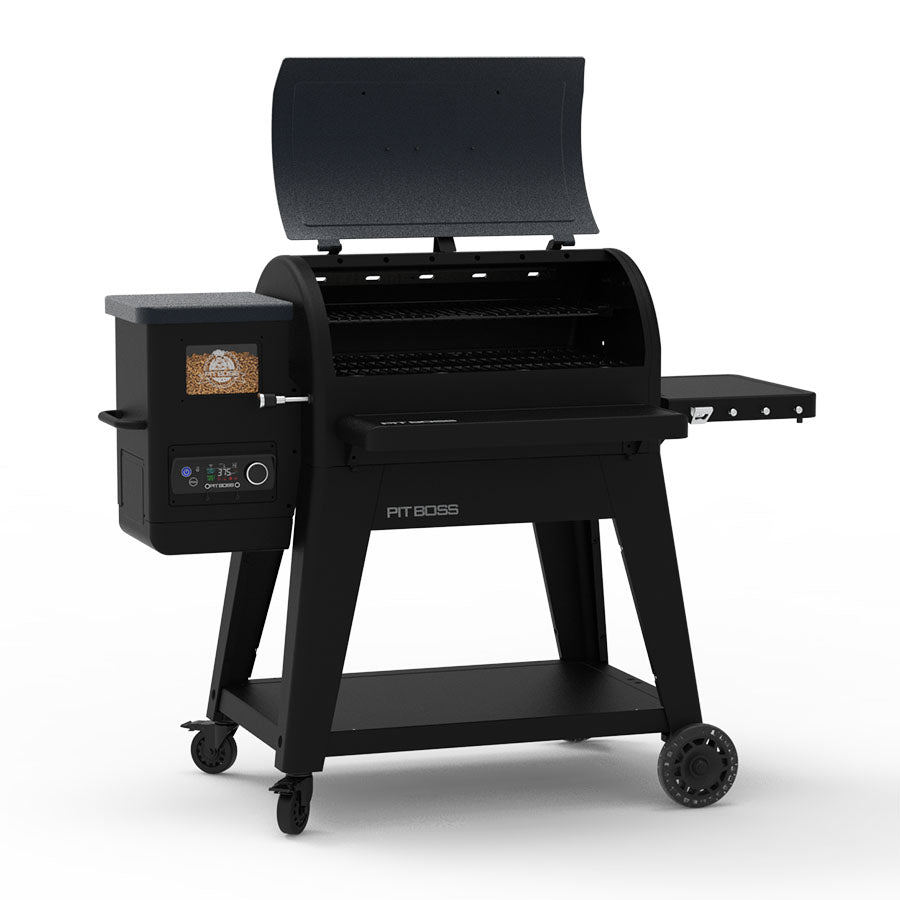 Pit Boss Navigator 850 Wood Pellet Grill with Wi-Fi, black and grey grill. side angle with barrel open