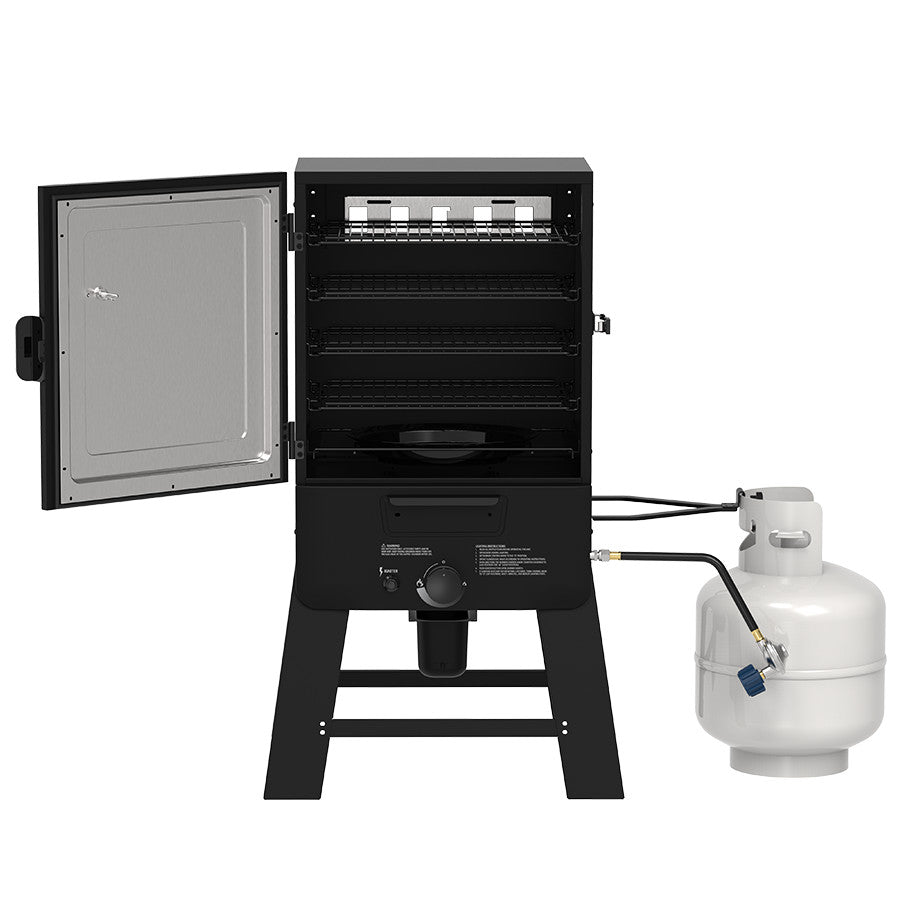 Pit Boss 30-inch Gas Vertical Smoker with propane tank attached and door open, front view on a white background.
