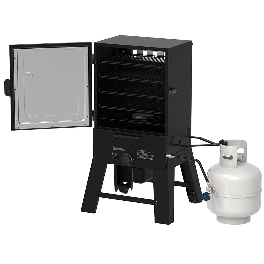 Pit Boss 30-inch Gas Vertical Smoker with propane tank attached and door open, angled view on a white background.
