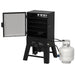 Pit Boss 30-inch Gas Vertical Smoker with propane tank attached and door open, angled view on a white background.
