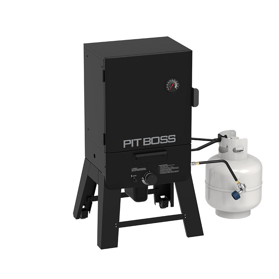 Pit Boss 30-inch Gas Vertical Smoker with propane tank attached and door closed, angled view on a white background.