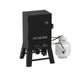 Pit Boss 30-inch Gas Vertical Smoker with propane tank attached and door closed, angled view on a white background.