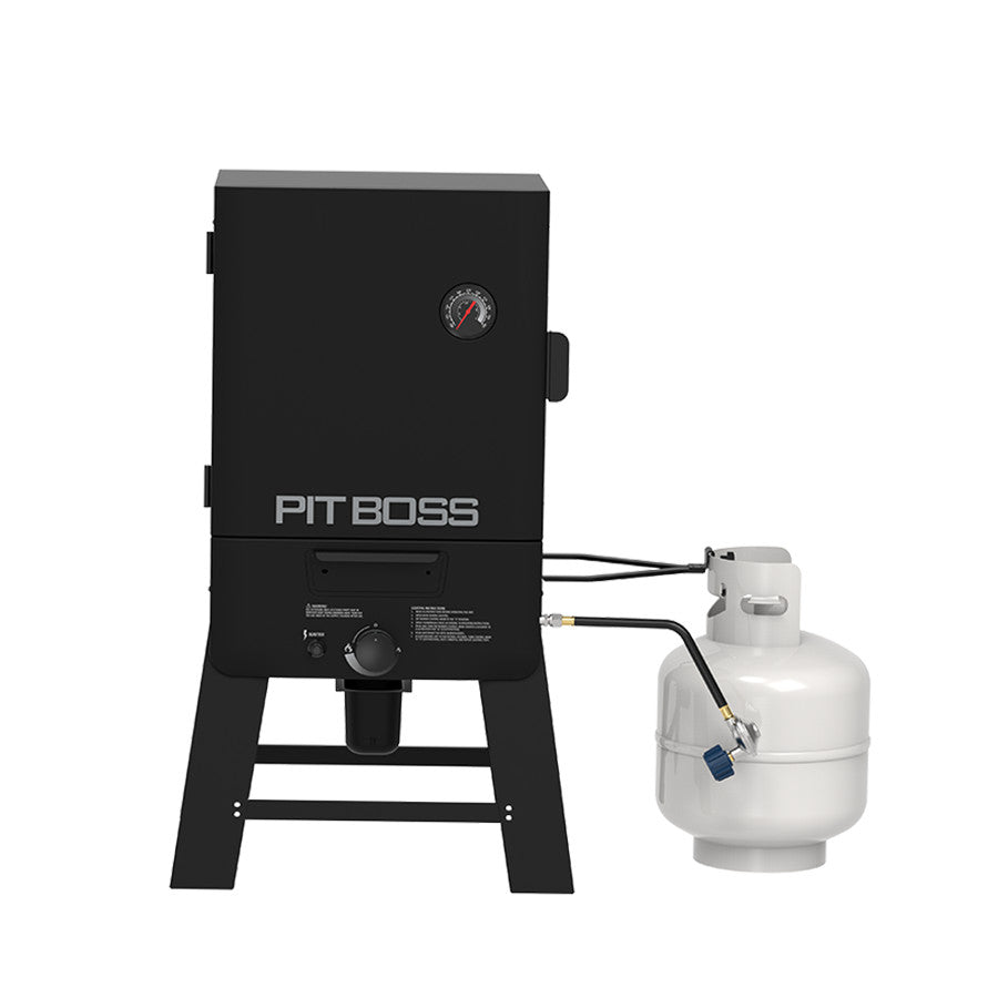 Pit Boss 30-inch Gas Vertical Smoker with propane tank attached, front view with door closed on a white background.