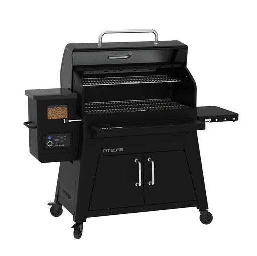 pit boss heritage wood pellet grill, side angle with shelf up and barrel open to reveal cooking grids