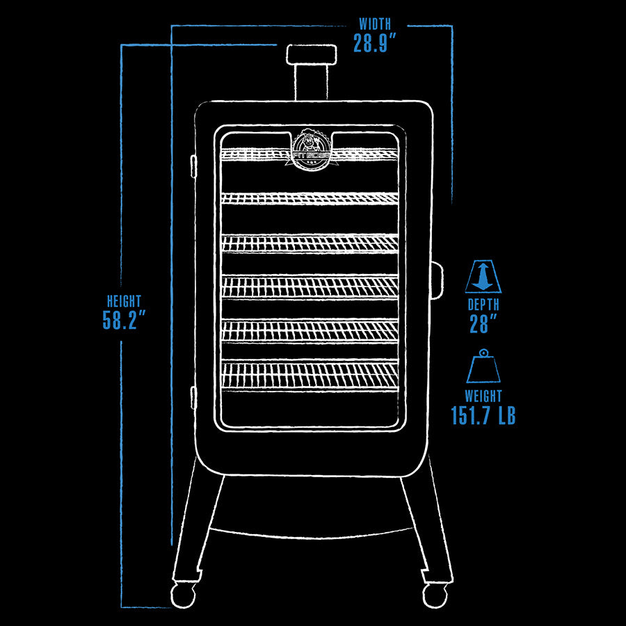 Pit Boss Sportsman 7-Series Vertical Wood Pellet Smoker, black and white line drawings of exterior dimensions with blue accents