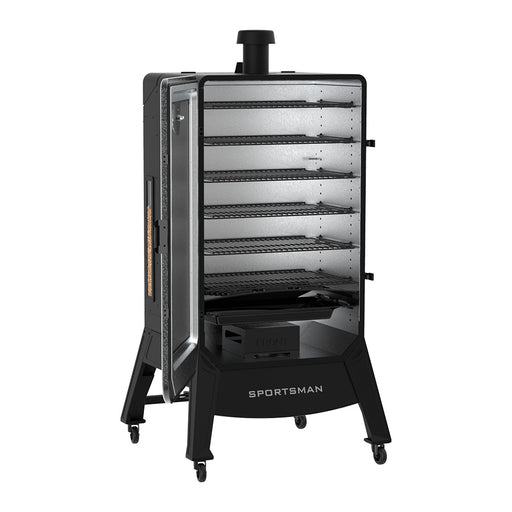 Pit Boss Sportsman 7-Series Vertical Wood Pellet Smoker, black and grey, side angle