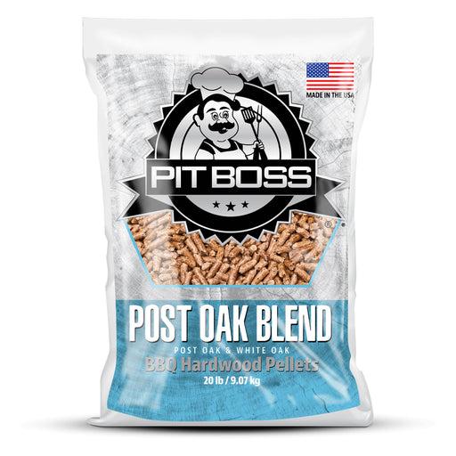 Pit Boss Post Oak Hardwood BBQ Pellets, blue and white bag, sourced in America