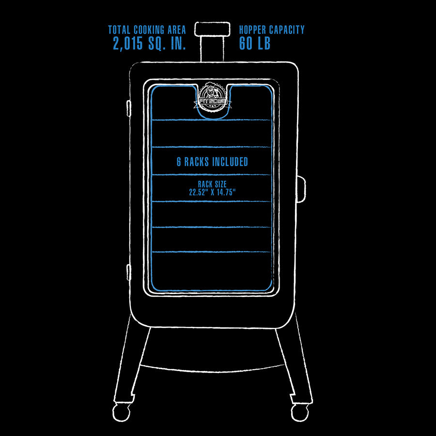 Pit Boss Sportsman 7-Series Vertical Wood Pellet Smoker, black and white line drawings of interior dimensions with blue accents