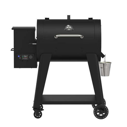 Pit Boss 850FB2 Wood Pellet Grill with silver handle and grease bucket for bbq grilling and smoking
