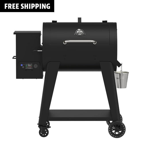 Pit Boss 850FB2 Wood Pellet Grill with silver handle and grease bucket for bbq grilling and smoking