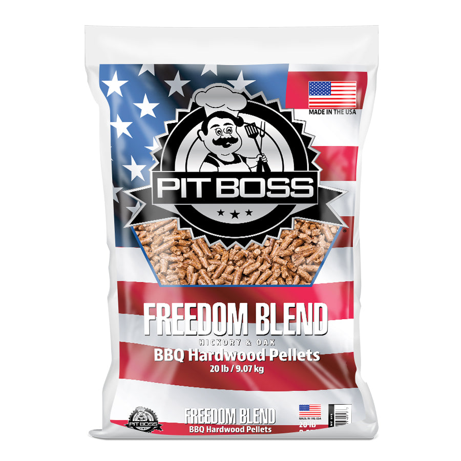 Pit Boss 20 lb Freedom Blend Hardwood Pellets. American flag background with blue and white font on bag. Made in the USA.