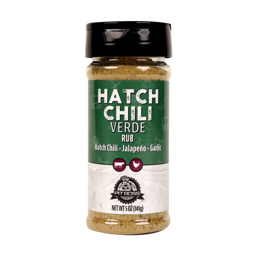 Pit Boss Hatch Chili Verde BBQ Rub Spice Bottle, Green and White label for chicken and beef