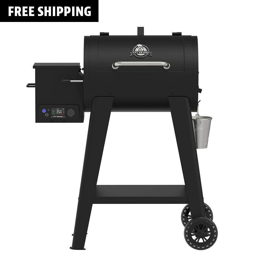 Pit Boss 500FB2 Wood Pellet Grill, black with silver handle and grease bucket for bbq grilling and smoking