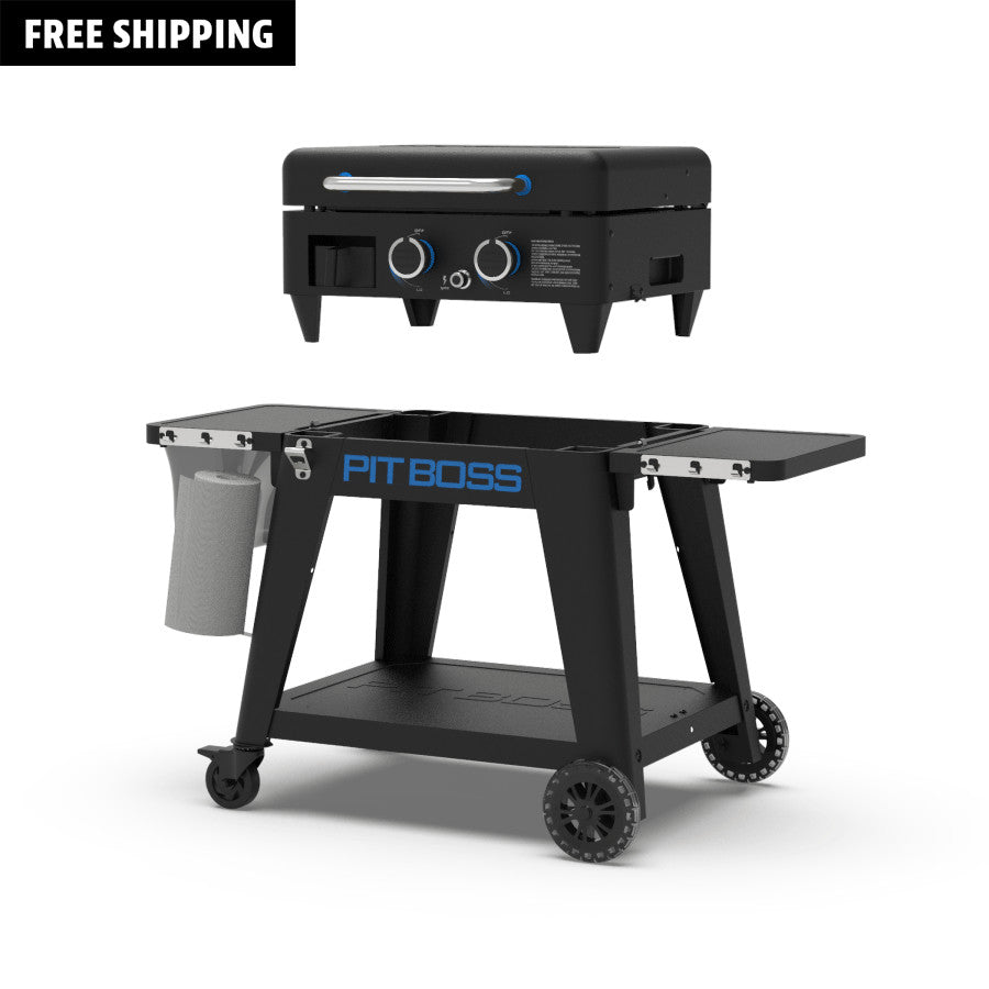 Pit Boss 2-Burner Ultimate Lift-Off Griddle. Black with blue accents. Two side tables displayed. Front view.