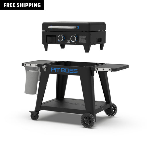 Pit Boss 2-Burner Ultimate Lift-Off Griddle. Black with blue accents. Two side tables displayed. Front view.