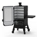 Pit Boss Navigator 3 Series Vertical Smoker, black and grey, cabinet door open to show 5 cooking shelves, side angle