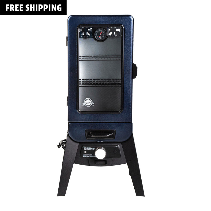 blue and black vertical smoker with clear glass window on front