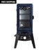 blue and black vertical smoker with clear glass window on front