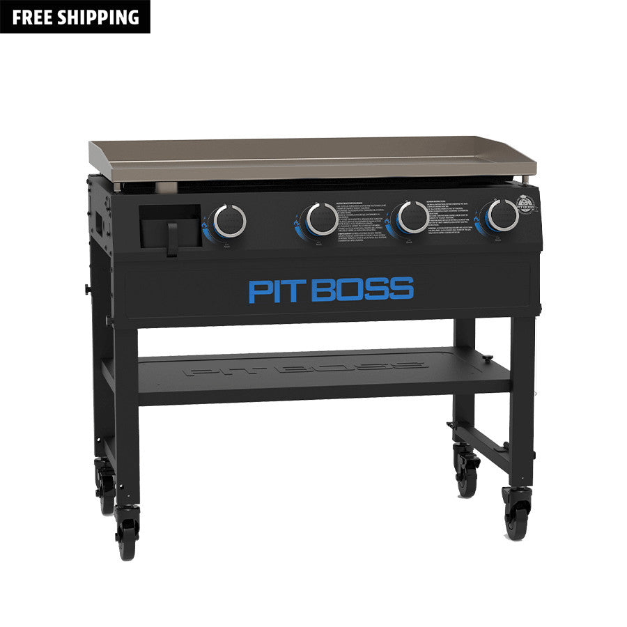 Black griddle with blue accents. Propane plugged into the side.