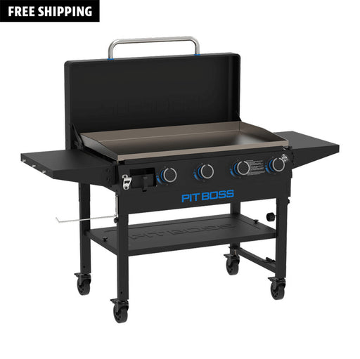 Black griddle with blue accents. Front viewn Silver handle.