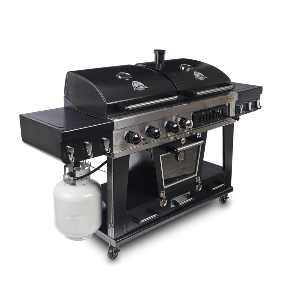 Pit Boss Memphis Ultimate Combo Grill. Black combo grill with silver accents. Front view.
