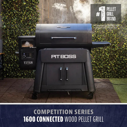 pit boss titan wood pellet grill. studio angled images. open  roll top lid to reveal adjustable cooking racks