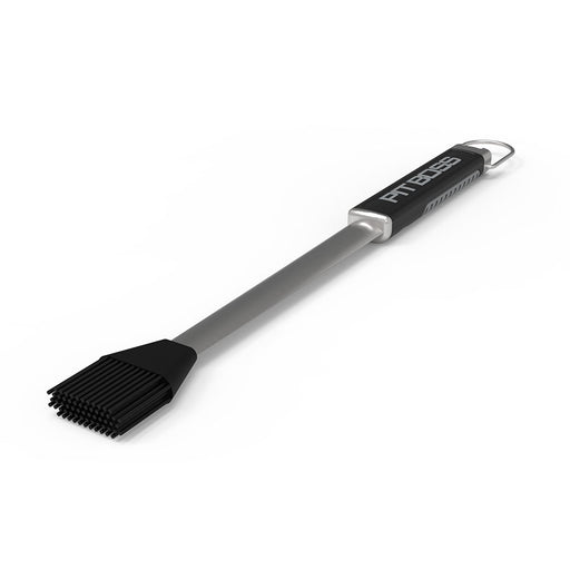 Pit Boss Grills BBQ Sauce Mop made with stainless steel and silicone. Dishwasher safe with black handle and grey Pit Boss logo, side angle