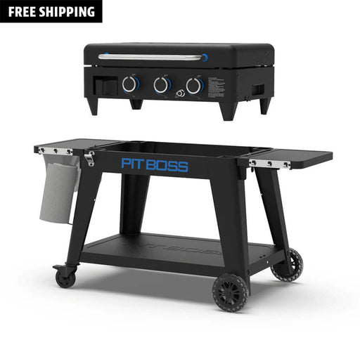 Pit Boss 3-Burner Ultimate Lift-Off Griddle. Black with blue accents. Pit Boss in blue across the front of the grill. Clear wheels.