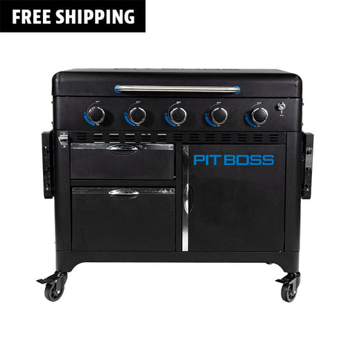 Pit Boss 5-Burner Ultimate Griddle. Black griddle with blue accents. Front view.