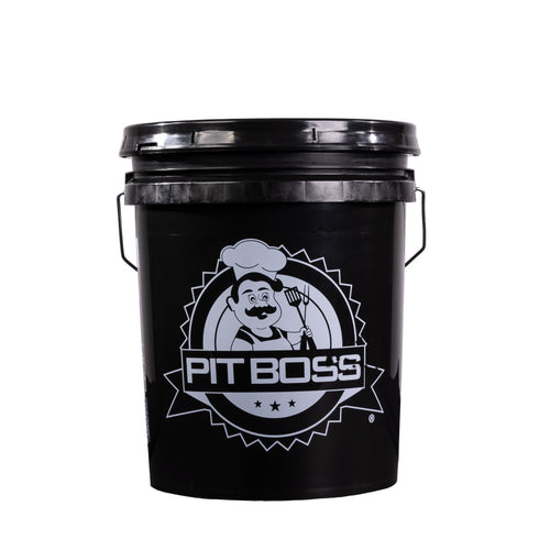 Pit Boss 5-Gallon Pellet Storage Bucket. Black bucket with Large Pit Boss logo in middle.