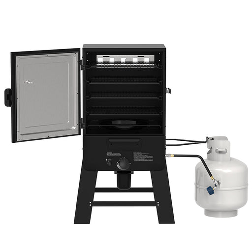Pit Boss 30-inch Gas Vertical Smoker with propane tank attached, front view with door closed on a white background.