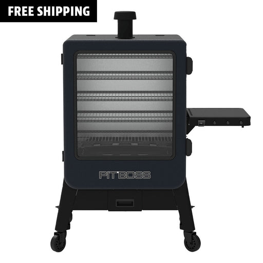 Pit Boss Navigator 6-Series Vertical Smoker, black and grey with chimney exhaust, side shelf and digital control board, front angle