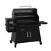 pit boss heritage wood pellet grill, side angle with shelf up and barrel open to reveal cooking grids