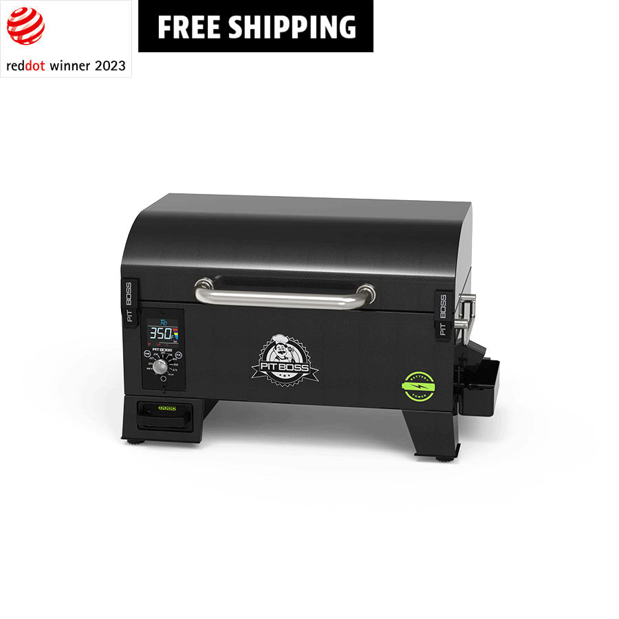 Portable battery powered wood pellet grill with green accents.