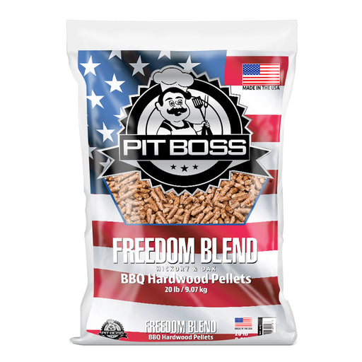 Pit Boss 20 lb Freedom Blend Hardwood Pellets. American flag background with blue and white font on bag. Made in the USA.