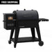 Pit Boss Navigator 850 Wood Pellet Grill with Wi-Fi, black and grey grill with wheels and hopper viewing window, and shelf. front closed barrel