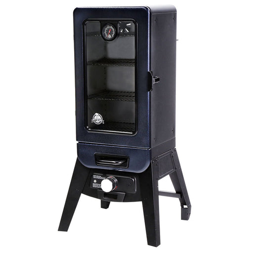 Black smoker with navy blue acccents. White Pit Boss logo on the front door. Clear glass door. Side view.