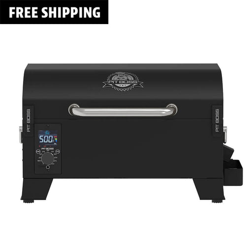 Pit Boss Portable Tabletop Pellet Grill, Black. Studio front view with digital control board and silver handle