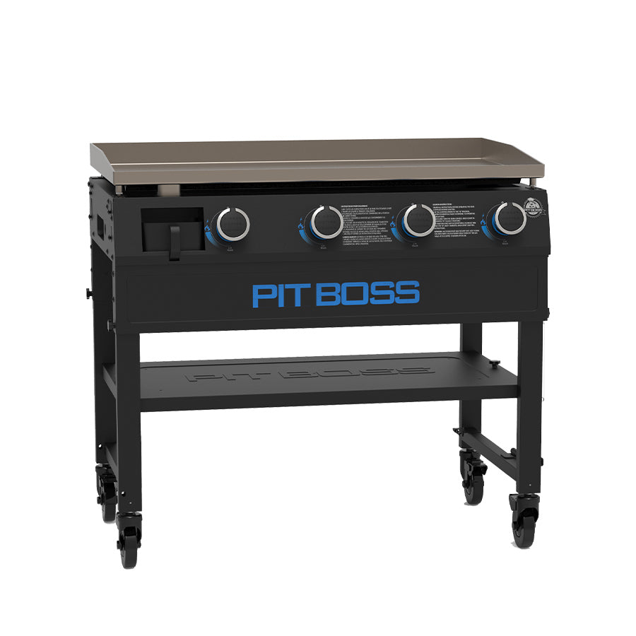 Black griddle with blue accents. Propane plugged into the side.