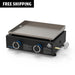 Pit Boss 2-Burner Tabletop Griddle. Displaying both the front view and a side view of the portable griddle. Black with blue accents.