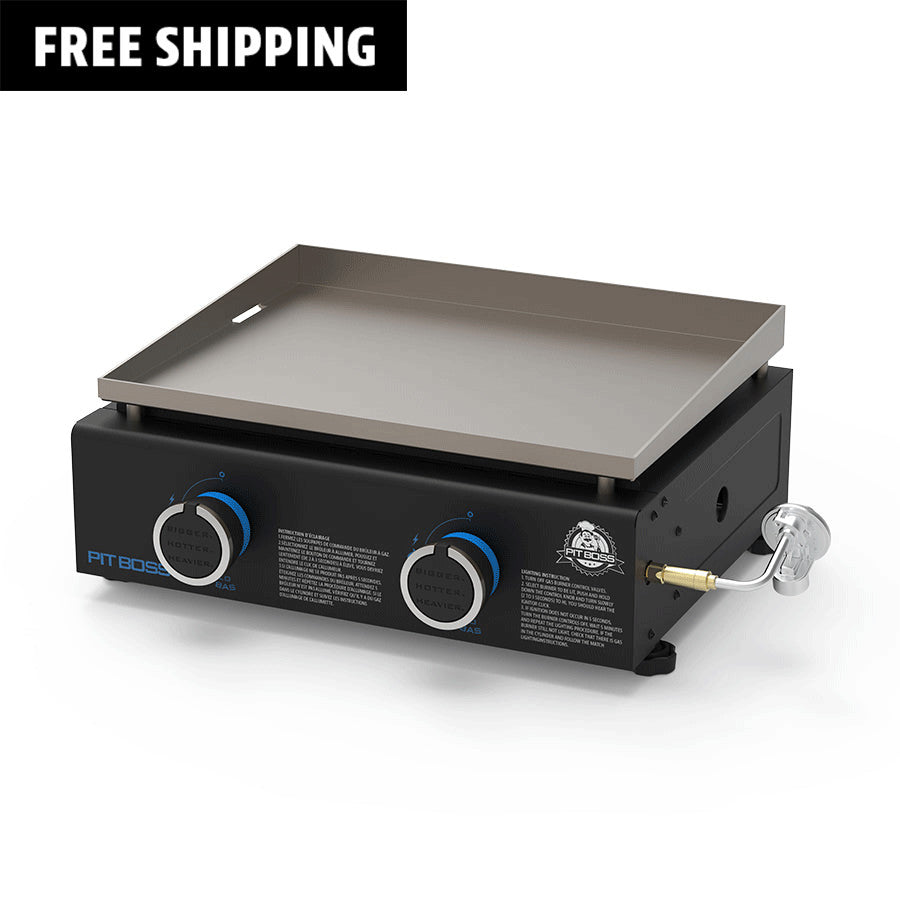 Pit Boss 2-Burner Tabletop Griddle. Displaying both the front view and a side view of the portable griddle. Black with blue accents.