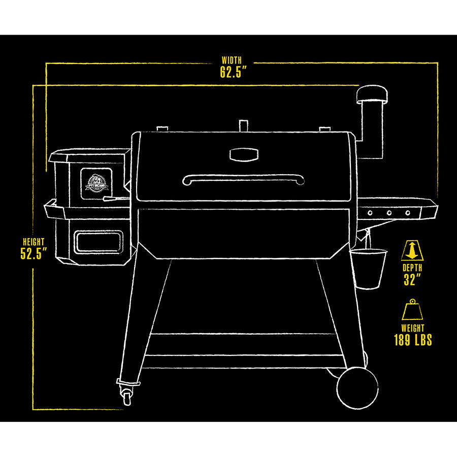 Drawing with grill dimensions. Height 52.5", width 62.5", depth 32:, weight 189lb
