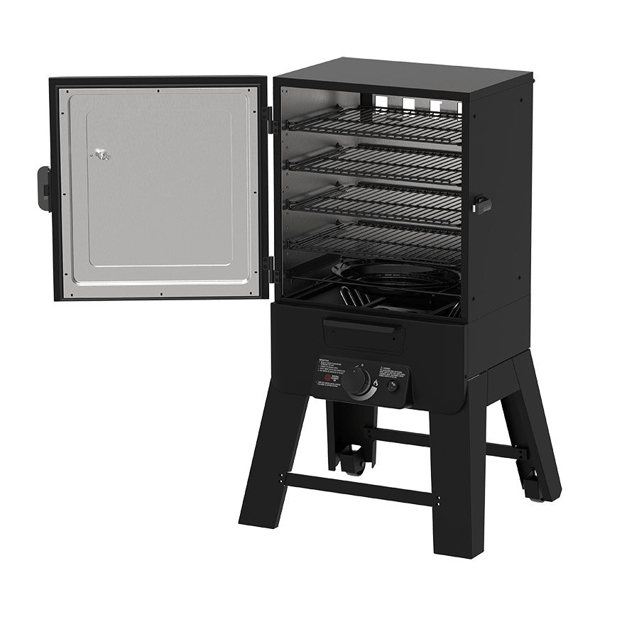Pit Boss 30-inch Analog Vertical Smoker, front-right angle, door open
