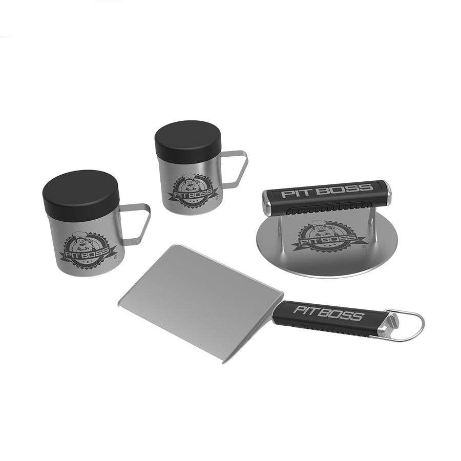"Silver Pit Boss Grills Smash Burger Kit with two mugs, spatula, and burger press."