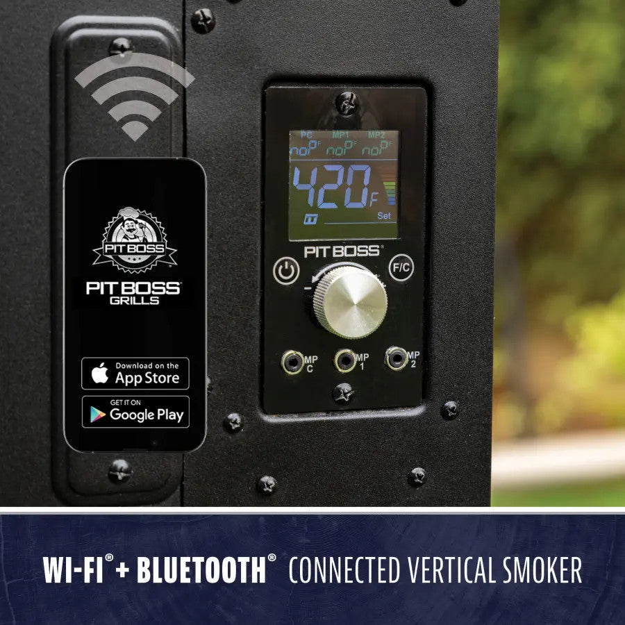 Black Pit Boss Grills Competition Series PBV5P2 Vertical Smoker with Wi-Fi and Bluetooth connectivity.