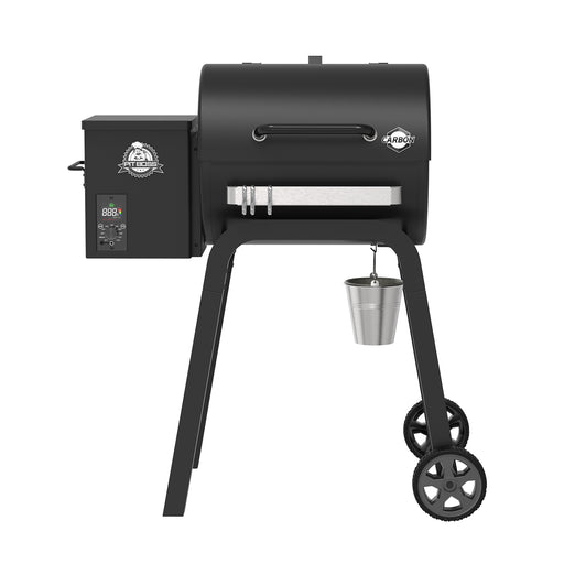 Black Pit Boss Grills Carbon Series 500 Wood Pellet Grill with digital control panel and drip pan.