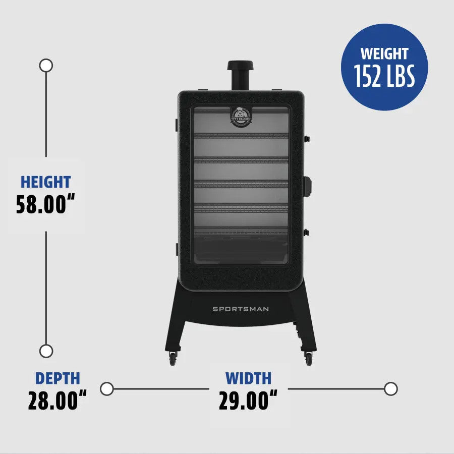 Black Pit Boss Grills Sportsman 7-Series Wood Pellet Vertical Smoker with dimensions: 58" height, 29" width, 28" depth.