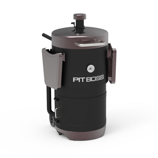 Black Pit Boss Grills Mahogany Champion Barrel Charcoal Smoker PBV24CB with wheels and handle.
