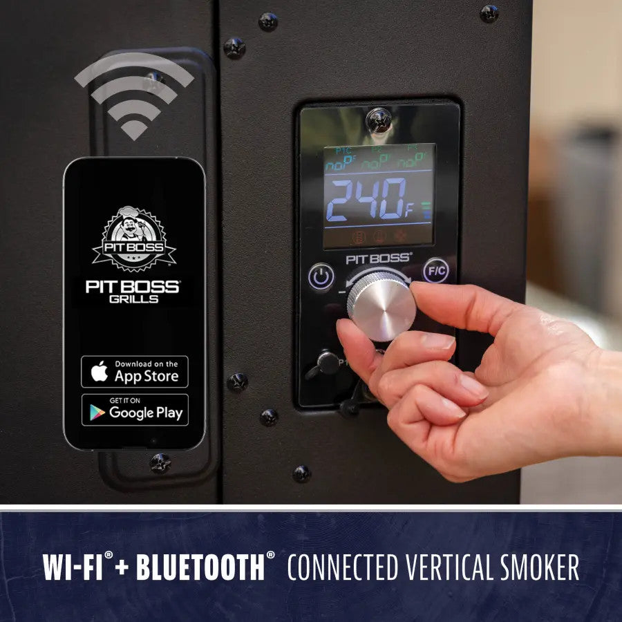 Black Pit Boss Grills Sportsman 7-Series Wood Pellet Vertical Smoker with Wi-Fi and Bluetooth connectivity.